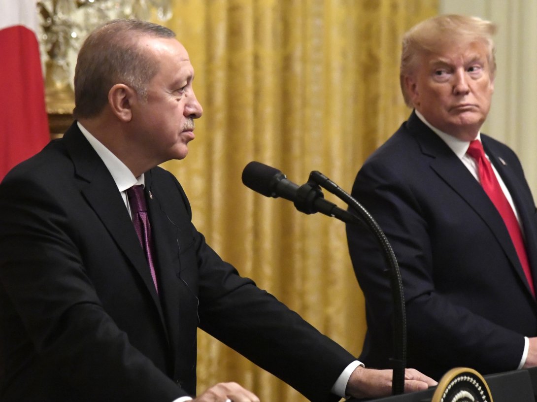 President Donald Trump looks to President Recep Tayyip Erdoğan as a reporter asks a question at a press conference in the East Room of the White House in Washington, D.C., Nov. 13, 2019. (EPA Photo)