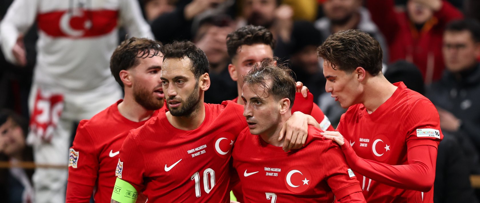 Turkish players celebrate during the UEFA Nations League 2024/25 League A/B playoffs 1st leg match against Hungary at Rams Park Stadium, Istanbul, Türkiye, Feb. 20, 2025. (Getty Images Photo)