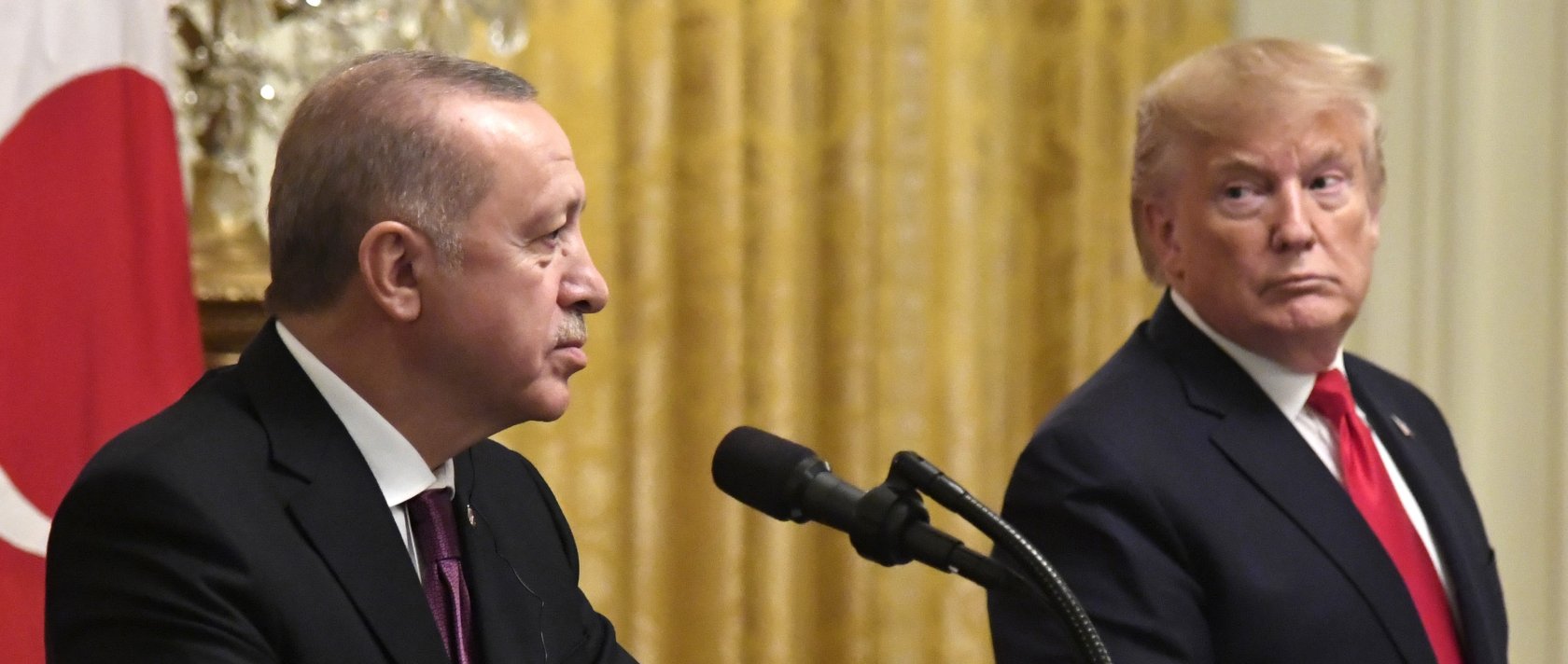 President Donald Trump looks to President Recep Tayyip Erdoğan as a reporter asks a question at a press conference in the East Room of the White House in Washington, D.C., Nov. 13, 2019. (EPA Photo)