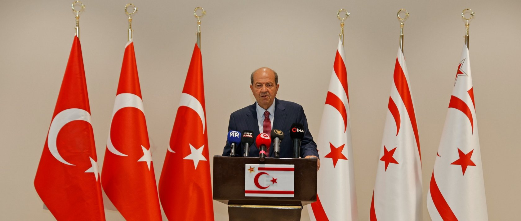 TRNC President Ersin Tatar speaks to reporters in Lefkoşa, May 29, 2025. (AA File Photo)