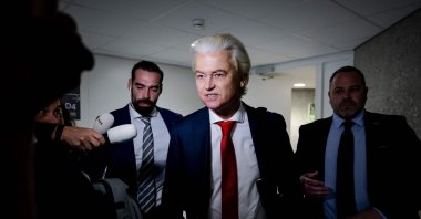 Dutch radical right party PVV leader Geert Wilders (C) addresses the media as he arrives for the weekly coalition talks in the lower house, The Hague, Netherlands, June 3, 2025. (AFP Photo)