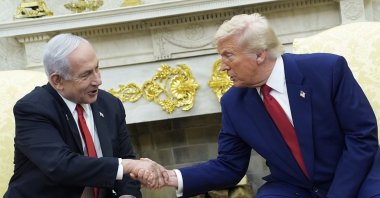 U.S. President Donald Trump (R) meets with Israeli Prime Minister Benjamin Netanyahu (L) in the Oval Office of the White House, Washington, U.S., April 7, 2025. (EPA Photo)