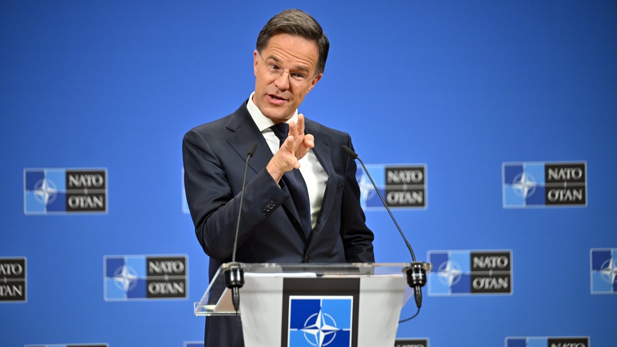 NATO Secretary-General Mark Rutte speaks to the press in Brussels, Belgium, June 3, 2025. (AA photo) 