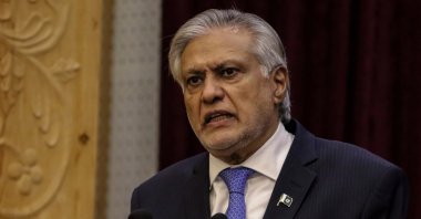Pakistan&#039;s Deputy Prime Minister and Foreign Minister Ishaq Dar speaks in Kabul, Afghanistan, April 19, 2025. (EPA Photo)