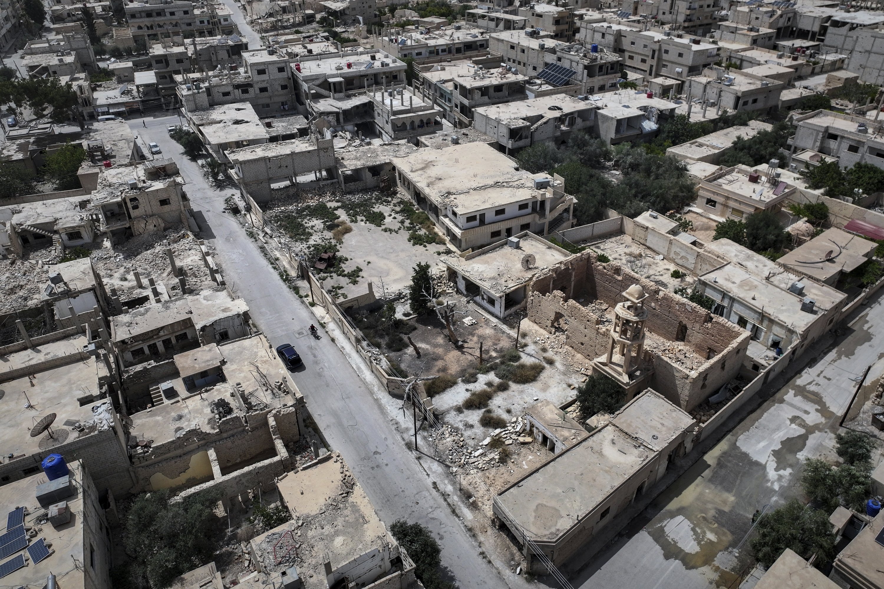 An aerial view shows the war-torn town, al-Qaryatayn, Syria, June 3, 2025. (AP Photo)