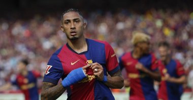 FC Barcelona&#039;s Raphinha celebrates scoring the 4-2 goal during the Spanish La Liga match against Real Madrid, Barcelona, Spain, May 11, 2025. (EPA Photo)