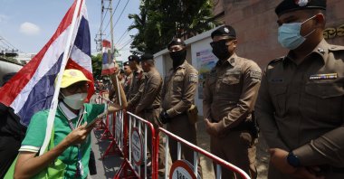 Thai police guard outside the Cambodian Embassy as the nationalist gather to protest over the Thai-Cambodian border dispute, in Bangkok, Thailand, June 6, 2025. (EPA Photo)