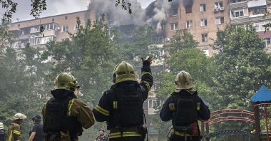 Rescuers work at the site of a drone strike, Kharkiv, Ukraine, June 7, 2025. (EPA Photo)