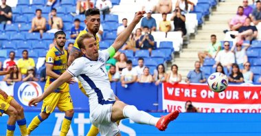 England&#039;s Harry Kane scores during a World Cup European Qualifiers Group K match against Andorra at the RCDE Stadium, Cornella de Llobregat, Spain, June 7, 2025. (Reuters Photo)