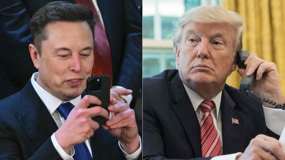 This combination of pictures shows Elon Musk taking a picture with his phone and U.S. President Donald Trump speaking on the phone, June 6, 2025. (AFP Photo)
