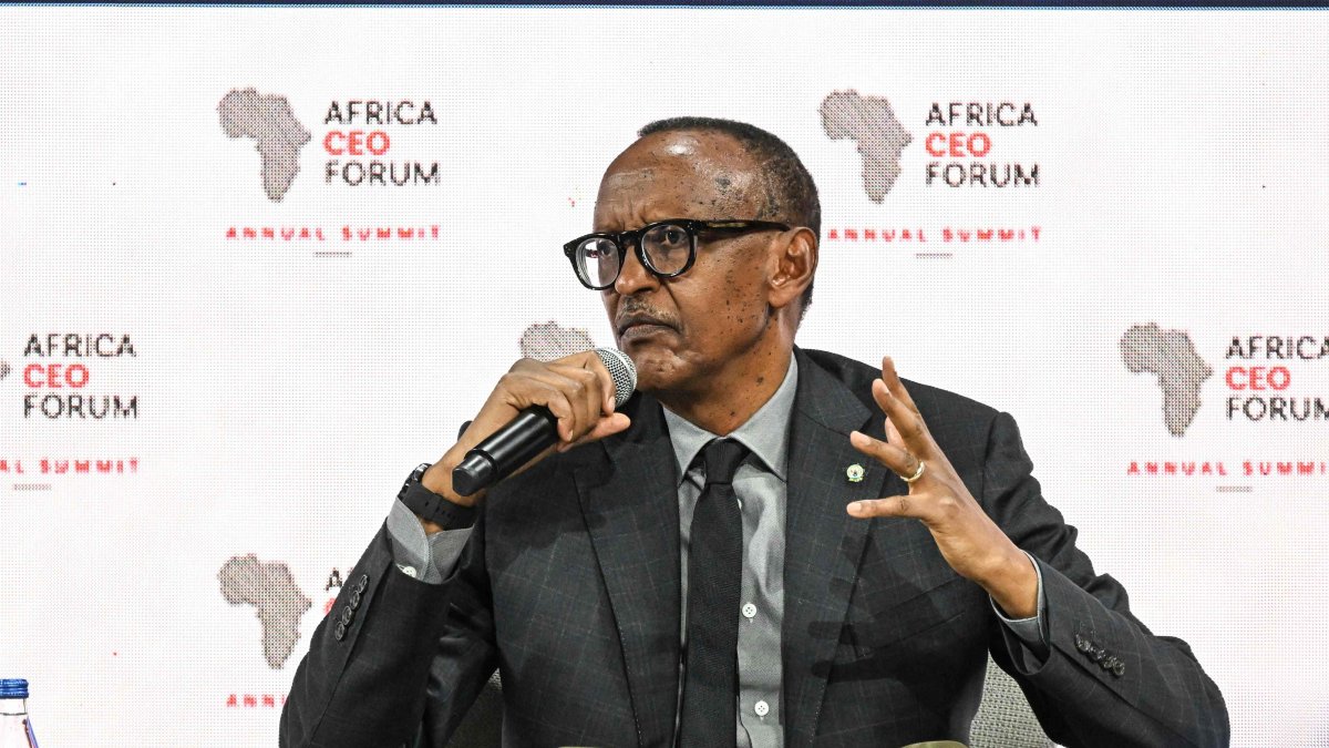 Rwanda&#039;s President Paul Kagame (R) speaks during a presidential panel at the opening ceremony of the Africa CEO Forum annual summit, Abidjan, Ivory Coast, May 12, 2025. (AFP Photo)