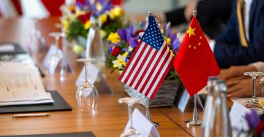 This handout photograph released by The Federal Department of Foreign Affairs or Swiss Foreign Ministry (FDFA) shows U.S. and Chinese flags prior to a meeting to discuss trade relations and tariffs, Geneva, Switzerland, May 10, 2025. (AFP Photo)