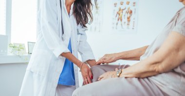 An elderly woman holds her knee, explaining her pain to a doctor. (Shutterstock Photo)
