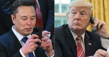 This combination of pictures shows Elon Musk taking a picture with his phone and U.S. President Donald Trump speaking on the phone, June 6, 2025. (AFP Photo)
