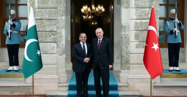 President Recep Tayyip Erdoğan (R) shakes hands with Pakistan&#039;s Prime Minister Shehbaz Sharif before their meeting in Istanbul, Türkiye, May 25, 2025. (Reuters Photo)