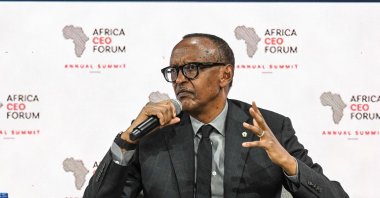 Rwanda&#039;s President Paul Kagame (R) speaks during a presidential panel at the opening ceremony of the Africa CEO Forum annual summit, Abidjan, Ivory Coast, May 12, 2025. (AFP Photo)