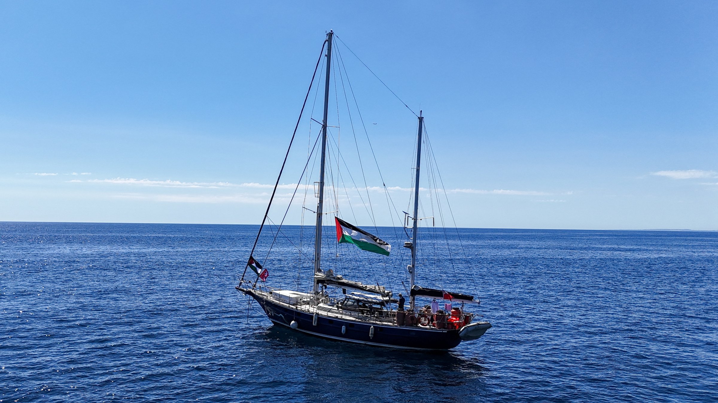 A drone view shows the Gaza-bound aid ship Madleen, organized by the international NGO Freedom Flotilla Coalition, anchored off the coast of Catania, Italy, June 1, 2025. (Reuters Photo)