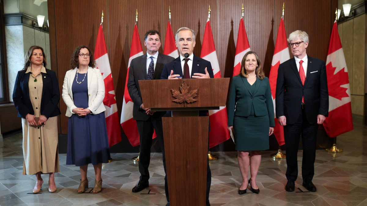 Canada&#039;s Prime Minister Mark Carney speaks during a news conference with members of his Cabinet on Parliament Hill, June 6, 2025 in Ottawa, Canada. (AFP Photo)