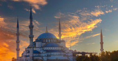 The Blue Mosque glows under the warm hues of sunset, Istanbul, Türkiye, Feb. 17, 2025. (Shutterstock Photo)