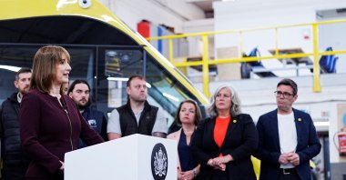 British Treasury chief Rachel Reeves delivers a speech as Transport Secretary Heidi Alexander (2nd R) and Andy Burnham (R), mayor of Greater Manchester, look on, Rochdale, U.K., June 4, 2025. (Reuters Photo)