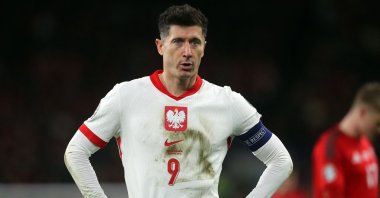 Poland's Robert Lewandowski reacts during the UEFA EURO 2024 qualifying playoff final first leg football match between Wales and Poland at the Cardiff City Stadium, Cardiff, Wales, March 26, 2024. (AFP Photo)