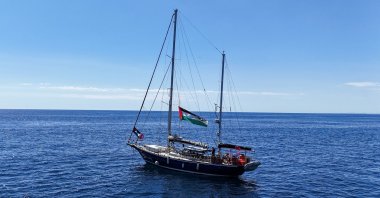 A drone view shows the Gaza-bound aid ship Madleen, organized by the international NGO Freedom Flotilla Coalition, anchored off the coast of Catania, Italy, June 1, 2025. (Reuters Photo)