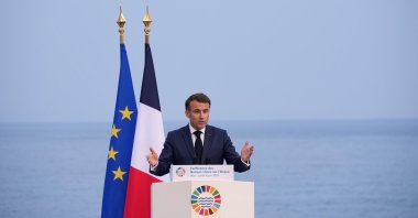 French President Emmanuel Macron gestures as he speaks during the presentation of the European Pact for the Oceans at the third UN Ocean Conference, in Nice, France, June 9, 2025. (EPA Photo)