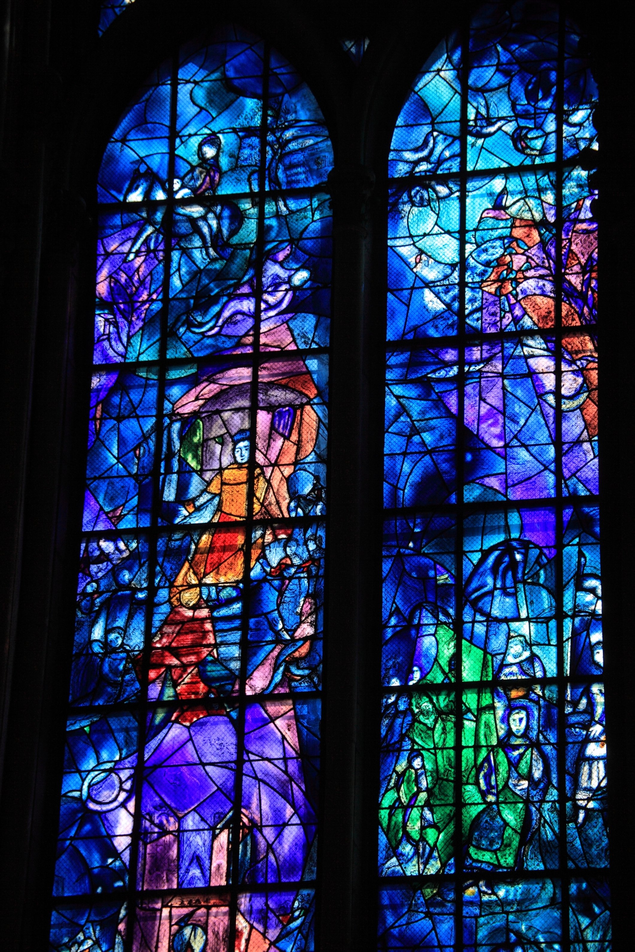 A close-up view of stained glass windows designed by Marc Chagall in the Axial chapel of Reims Cathedral, aka Cathedral of Notre-Dame de Reims, a UNESCO World Heritage Site. (Getty Images)