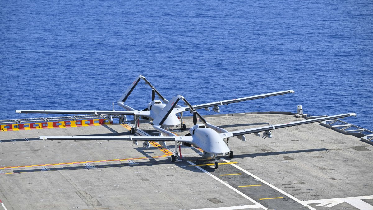 Bayraktar TB3 UCAVs are spotted during the Distinguished Observer Day of the DENİZKURDU-II/2025 Exercise, conducted by the Turkish Naval Forces in the Black Sea, Sea of Marmara, Aegean, and Eastern Mediterranean, May 19, 2025.  (AA File Photo)