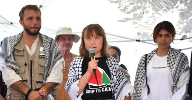 Swedish climate activist Greta Thunberg (C) speaks during a press conference together with the crew of the Madleen, the sailing ship of the NGO Freedom Flotilla, before departing from the port of San Giovanni Li Cuti headed to Gaza, Catania, Italy, June 1, 2025. (EPA Photo)