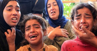 Mourners react during the funeral of a Palestinian killed, in what the Gaza health ministry says was Israeli fire near a distribution center in Rafah, at Nasser hospital, Khan Younis, Gaza Strip, Palestine, June 8, 2025. (Reuters Photo)