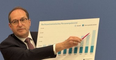 German Interior Minister Alexander Dobrindt presents the 2024 report by the Federal Office for the Protection of the Constitution (BfV) at a press conference in Berlin, June 10, 2025. (AA Photo)