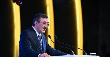 Vice President Cevdet Yılmaz is seen speaking at a conference on Cyprus, Istanbul, Türkiye, May 16, 2025 (AA Photo)
