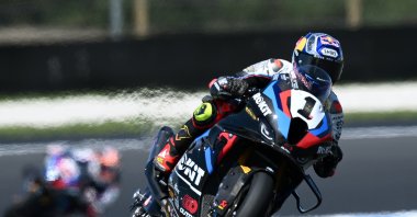 Turkish rider Toprak Razgatlıoğlu of ROKiT BMW Motorrad WorldSBK Team in action during WorldSBK Free Practice 1 during the 2025 FIM Superbike World Championship at Phillip Island Grand Prix Circuit on Phillip Island, Victoria, Australia, Feb. 21, 2025. (EPA Photo)