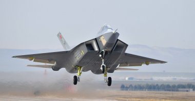 Türkiye&#039;s indigenously developed fifth-generation fighter jet Kaan takes off for its inaugural flight, Ankara, Türkiye, Feb. 21, 2024. (AA Photo)