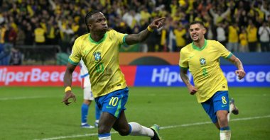 Brazil&#039;s Vinicius Jr celebrates scoring his team&#039;s first goal during the 2026 FIFA World Cup South American qualifiers football match between Brazil and Paraguay at the Neo Quimica Arena, Sao Paulo, Brazil, June 10, 2025. (AFP Photo)