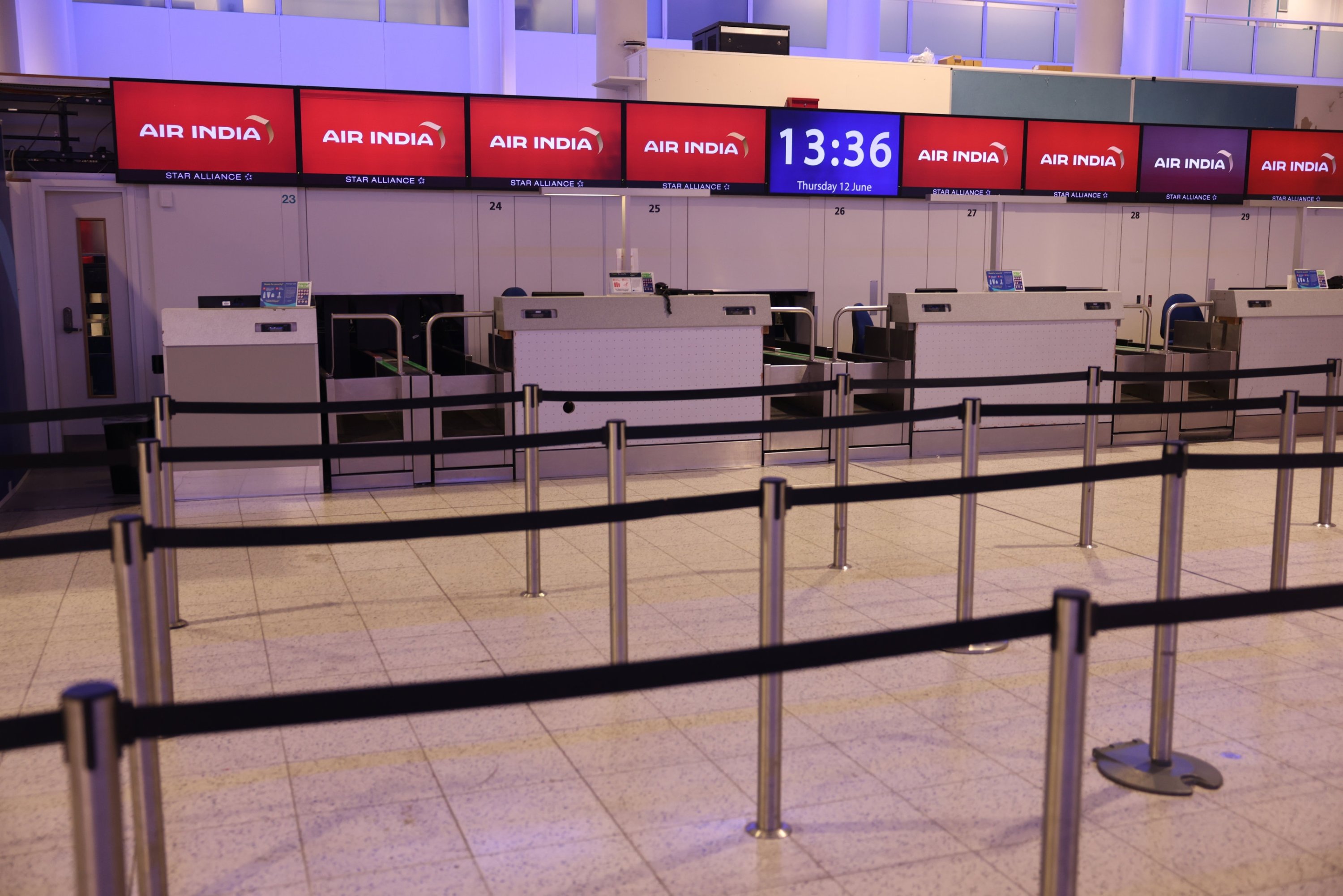 An empty Air India check-in desk at Gatwick Airport, Britain, June 12, 2025. (EPA Photo)