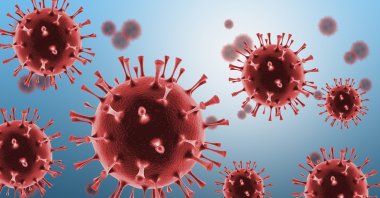 An illustration shows the COVID-19 virus floating in the air. (Shutterstock Photo)