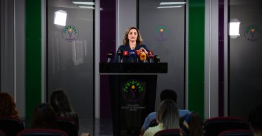 DEM Party spokesperson Ayşegül Doğan is seen speaking to the press at the party headquarters, Ankara, Türkiye, June 11, 2025 (AA Photo)