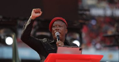 Economic Freedom Fighters (EFF) leader Julius Malema (C) addresses his supporters during the EFF birthday rally, celebrating the 10th anniversary of the party, Johannesburg, South Africa, July 29, 2023. (AFP Photo)