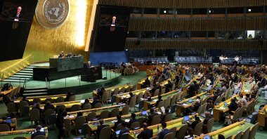Palestinian Ambassador to the United Nations Riyad Mansour (at podium) speaks during a meeting of the U.N. General Assembly at U.N. Headquarters in New York City, June 12, 2025. (AFP Photo)