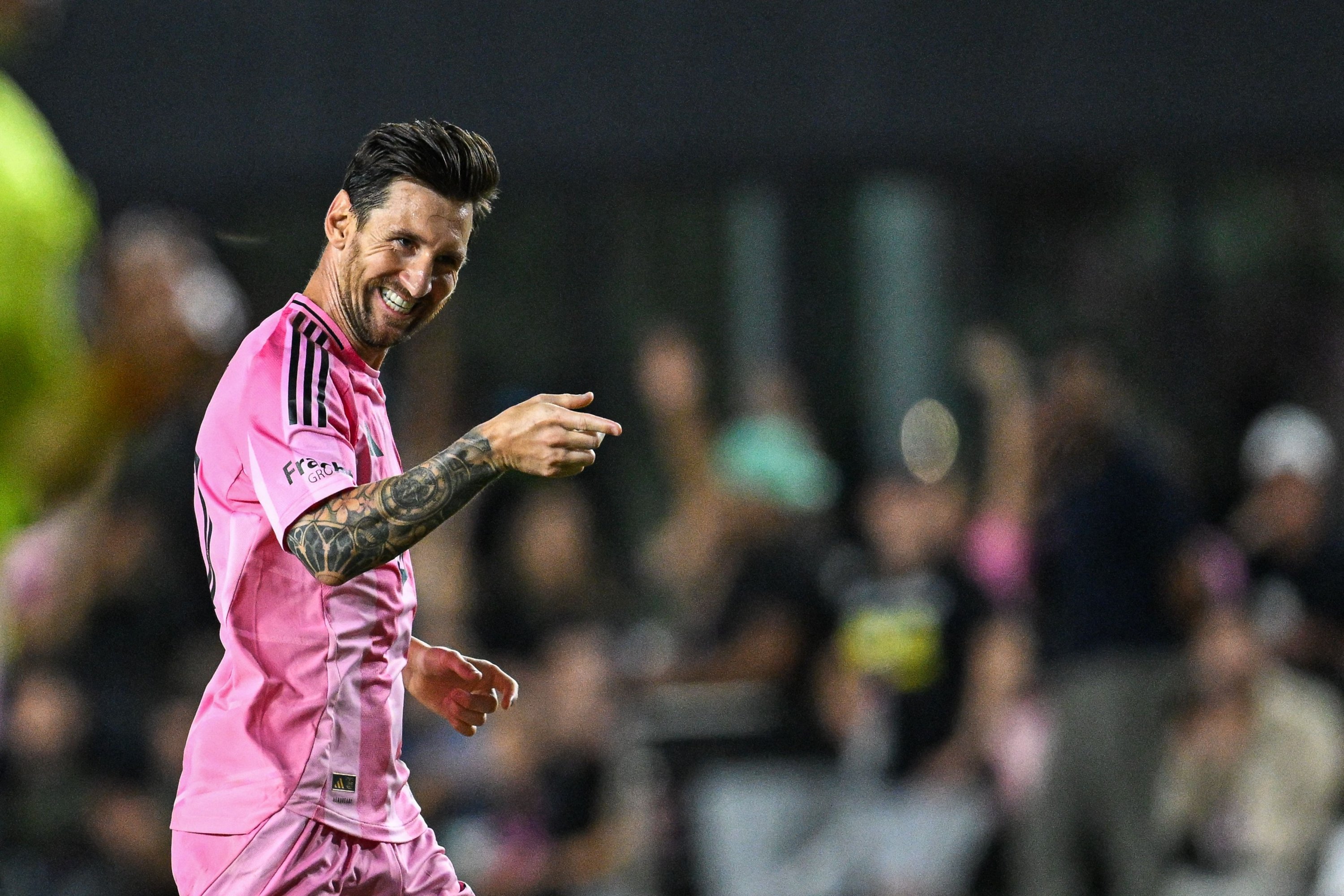 Inter Miami's Argentine forward Lionel Messi celebrates his team's fifth goal during the Major League Soccer match between Inter Miami CF and Columbus Crew at Chase Stadium, Fort Lauderdale, U.S., May 31, 2025. (AFP Photo)