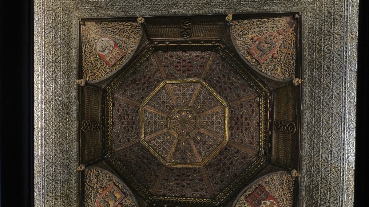 The Torrijos Ceiling, from Spain, late 15th century, on display at the Wolfson Gallery in V&amp;A Storehouse in London, U.K., June 5, 2025. (AP Photo)