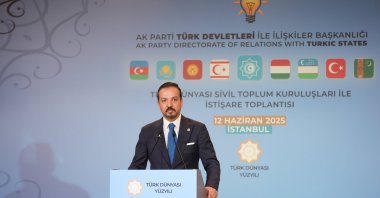 Justice and Development Party (AK Party) Deputy Chairperson and head of relations with Turkic States Kürşad Zorlu speaks at a meeting on the Turkic states, Istanbul, Türkiye, June 12, 2025. (AA Photo)