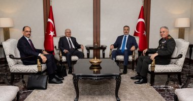 Foreign Minister Hakan Fidan (2nd from right), Defense Minister Yaşar Güler (2nd from left), National Intelligence Organization (MIT) Chief Ibrahim Kalın (left), and Chief of General Staff Gen. Metin Gürak (right) meet at the Foreign Ministry in Ankara, June 13, 2025. (AA Photo)
