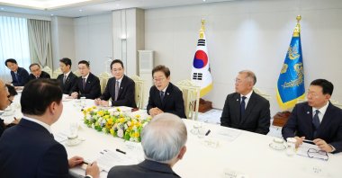 South Korean President Lee Jae-myung speaks during a meeting with business leaders at the Presidential Office, Seoul, South Korea, June 13, 2025. (Reuters Photo)