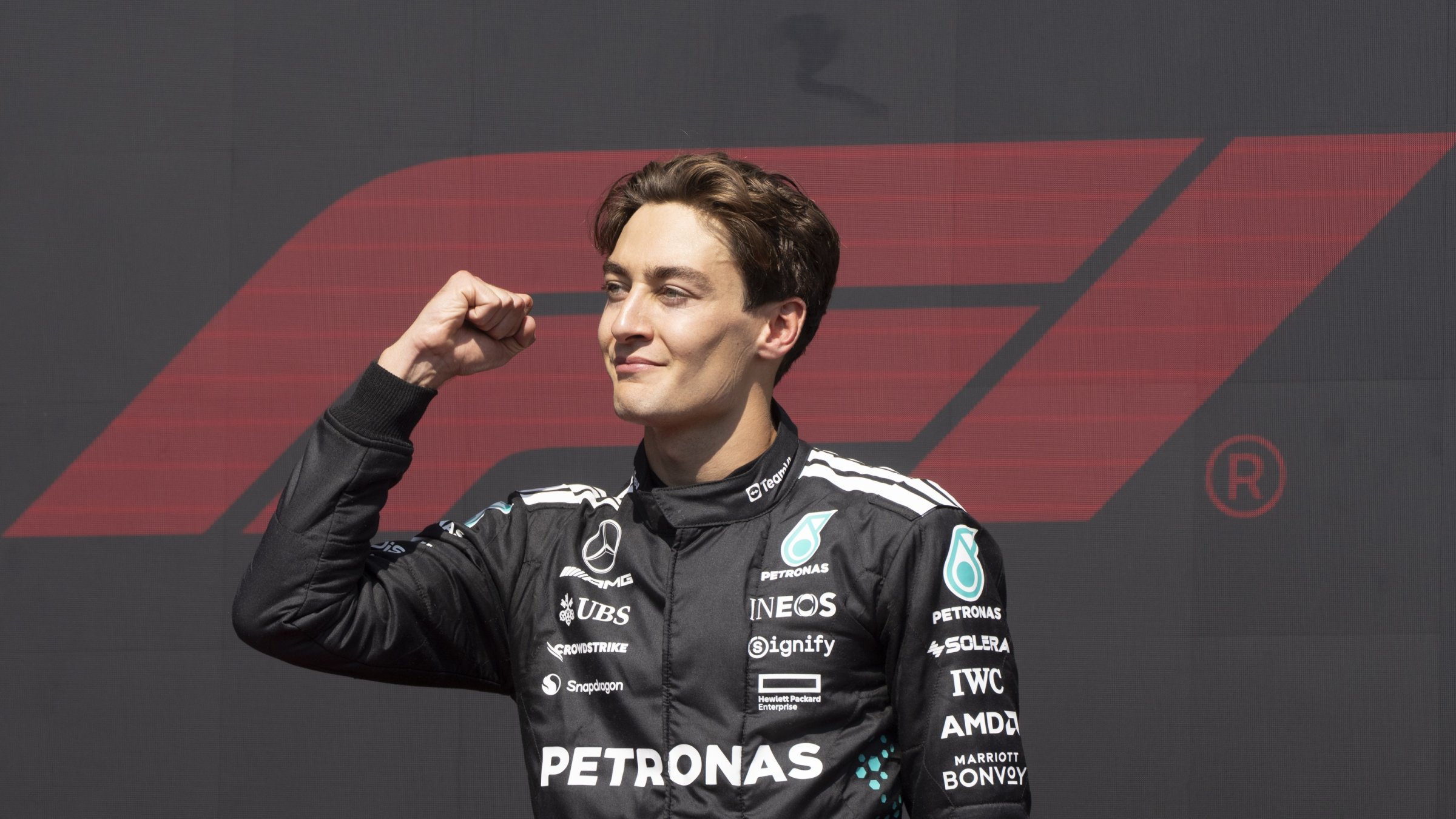 Mercedes driver George Russell celebrates winning the F1 Canadian Grand Prix in Montreal, Canada, June 15, 2025. (AP Photo)