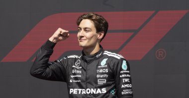 Mercedes driver George Russell celebrates winning the F1 Canadian Grand Prix in Montreal, Canada, June 15, 2025. (AP Photo)