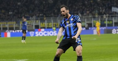 Inter Milan&#039;s Hakan Çalhanoğlu celebrates after scoring his side&#039;s second goal during the Serie A match between Inter Milan and Monza at the San Siro Stadium, Milan, Italy, March 8, 2025. (AP Photo)