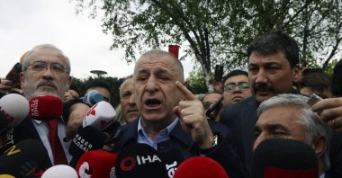 Ümit Özdağ speaks outside the Interior Ministry, Ankara, Türkiye, May 6, 2022. (AP Photo)